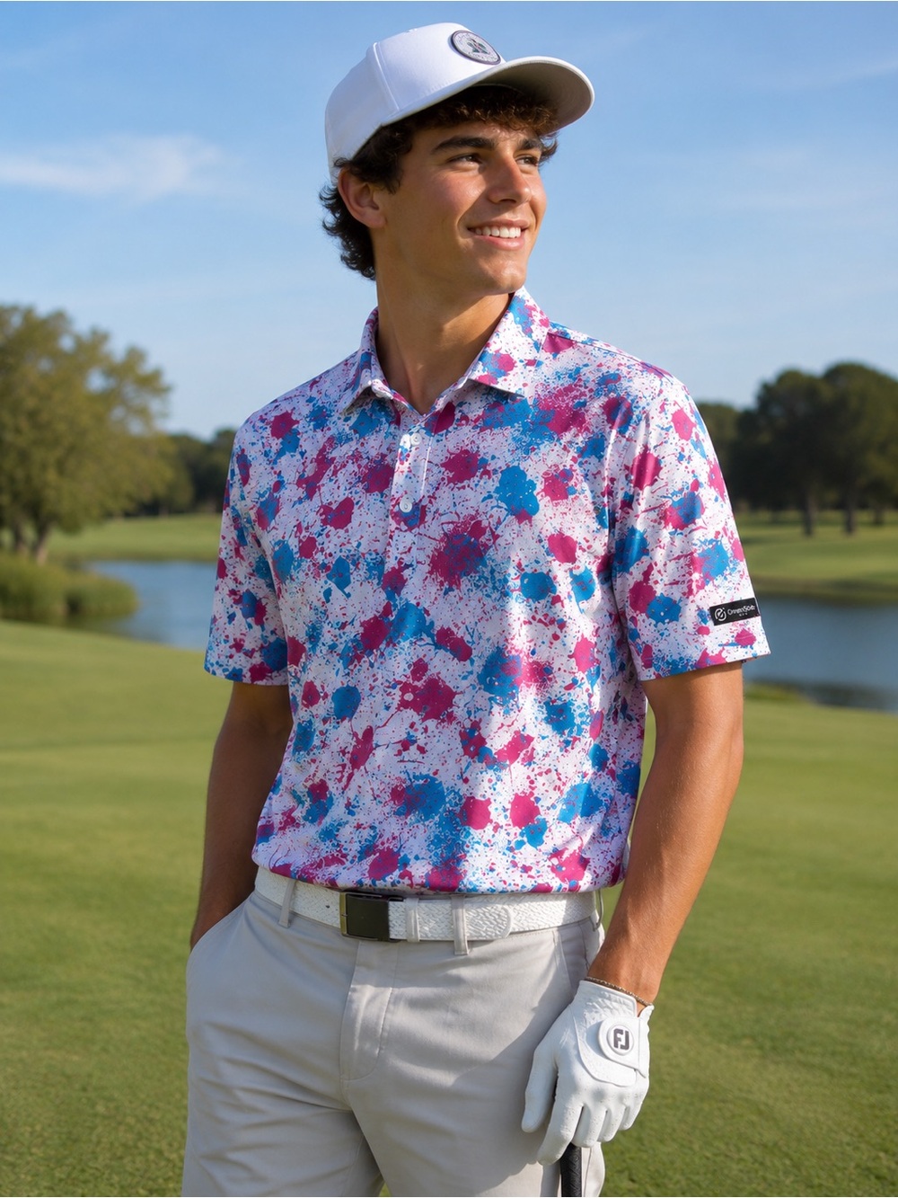 Greenside Golf Men’s Pink & Blue Splatter Golf Polo